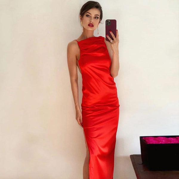 Unique Neck Backless High Slit Satin ...